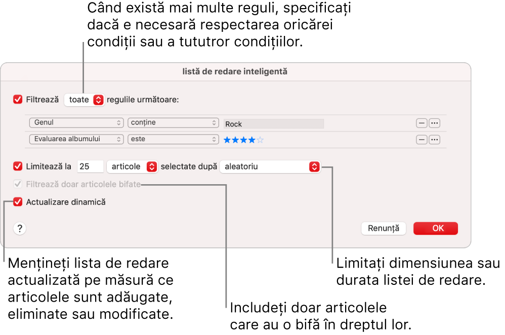 Dialogul Listă de redare inteligentă: În colțul din stânga sus, selectați Filtrează, apoi specificați criteriile listei de redare (cum ar fi genul sau evaluarea). Continuați să adăugați sau să eliminați reguli făcând clic pe butoanele Adaugă sau Elimină din colțul din dreapta sus. Selectați diferite opțiuni în porțiunea inferioară a dialogului, cum ar fi limitarea dimensiunii sau a duratei listei de redare, includerea doar a melodiilor bifate sau configurarea aplicației Muzică astfel încât să actualizeze lista de redare pe măsură ce se modifică articolele din bibliotecă.