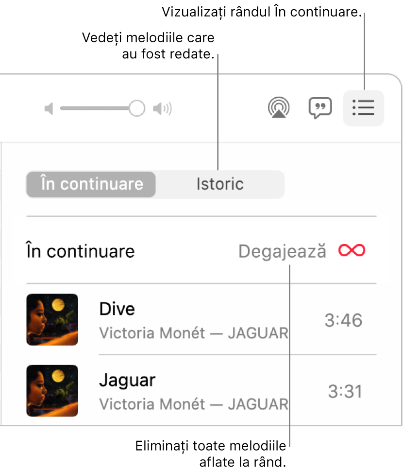 Colțul din dreapta sus al ferestrei Muzică afișând butonul “În continuare” în bannerul care prezintă coada “În continuare”. Faceți clic pe linkul Istoric pentru a vedea melodiile redate anterior. Faceți clic pe linkul “Degajează” pentru a elimina toate melodiile din coadă.