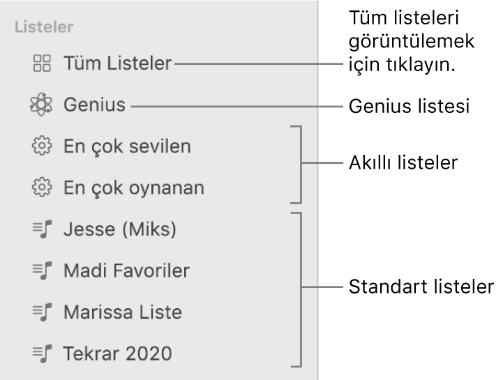 Çeşitli liste türlerini gösteren Müzik kenar çubuğu: Genius listeleri, Akıllı ve standart listeler. Tümünü görüntülemek için Tüm Listeler’i tıklayın.