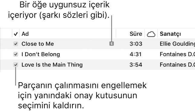 Müzikler’de Parçalar görüntüsüne ait, soldaki onay kutularını ve ilk parça için  (şarkı sözlere gibi uygunsuz içeriğe sahip olduğunu belirten) bir uygunsuz sembolü gösteren ayrıntılı bilgiler. Bir parçanın çalmasını engellemek için yanındaki onay kutusunun seçimini kaldırın.