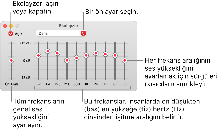 Ekolayzer penceresi: Müzik  ekolayzerini etkinleştirmeyi sağlayan onay işareti sol üst köşede bulunur. Bunun yanında ekolayzer ön ayarlarını içeren açılır menü yer alır. En sol tarafta, ön amfili frekansların genel ses yüksekliğini ayarlayın. Ekolayzer ön ayarlarının alt tarafında, en düşükten en yükseğe insan kulağının duyabileceği spektrumu temsil eden farklı frekans aralıklarının ses düzeyini ayarlayın.