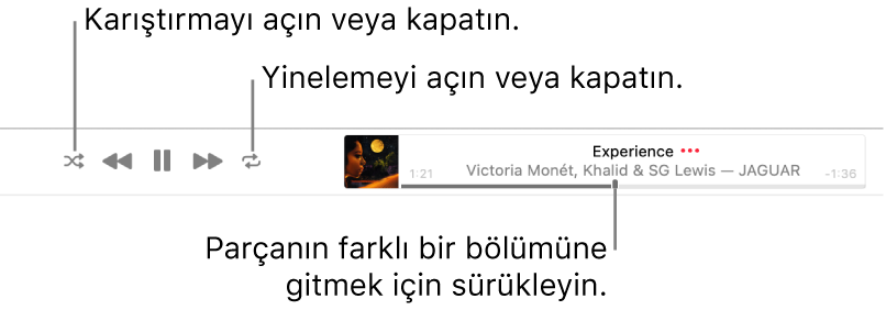 Bir parçanın çalındığını gösteren başlık. Sol üst köşede Karıştır düğmesi, sağ üst köşede ise Yinele düğmesi yer alır. Parçanın farklı bir bölümüne gitmek için oynatma çubuğunu sürükleyin.