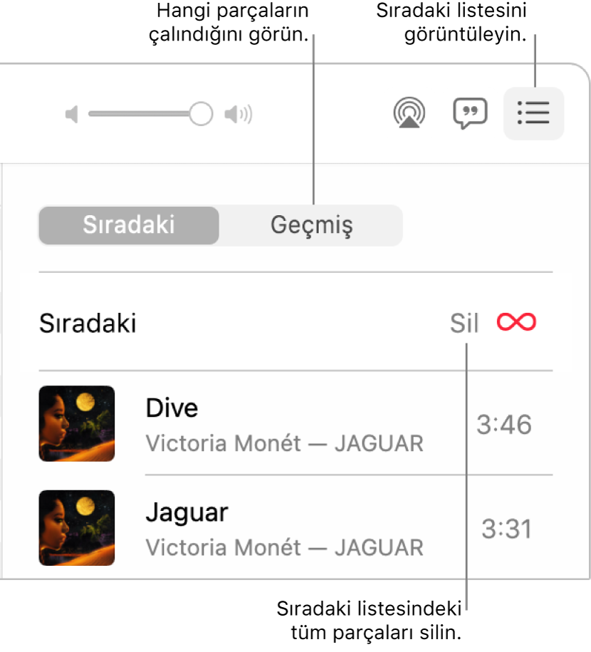 Başlıkta Sıradaki sırasını gösteren Sıradaki düğmesi ile Müzik penceresinin sağ üst köşesi. Daha önce çalınan parçaları görmek için Geçmiş bağlantısını tıklayın. Listedeki parçaların tümünü silmek için Sil bağlantısını tıklayın.