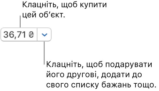 Кнопка, на якій показано ціну. Клацніть ціну, щоб купити елемент. Клацніть стрілку біля ціни, щоб подарувати елемент другові, додати його до списку бажаного тощо.