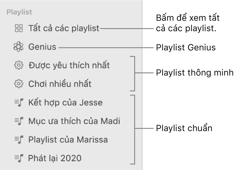 Thanh bên Nhạc đang hiển thị các loại playlist khác nhau: Playlist Genius, Thông minh và chuẩn. Bấm vào Tất cả playlist để xem tất cả chúng.