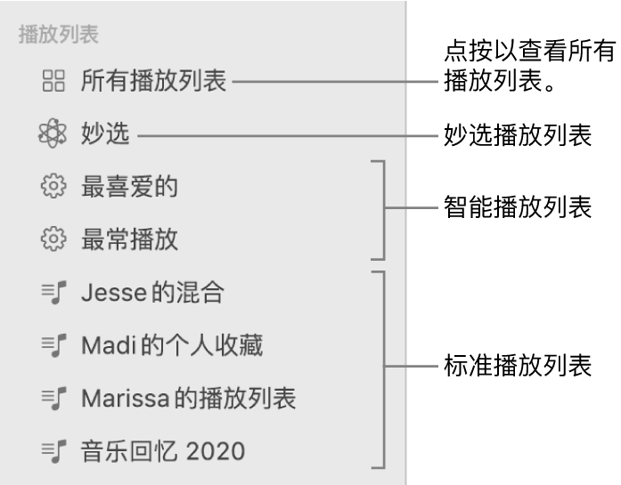 “音乐”边栏显示不同类型的播放列表：妙选播放列表、智能播放列表和标准播放列表。点按“所有播放列表”以查看所有播放列表。