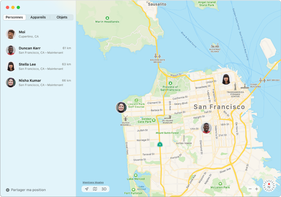 L’app Localiser affichant une liste d’amis dans la barre latérale et leur position sur un plan sur la droite.
