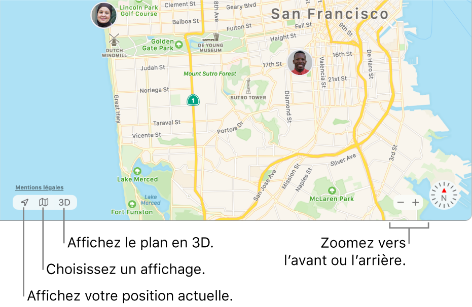 Affichage de la fenêtre Localiser montrant la position de personnes sur un plan. En bas à gauche, des boutons vous servent à voir votre position actuelle, choisir une présentation et afficher le plan en  3D. En bas à droite, utilisez les boutons de zoom pour effectuer un zoom avant ou arrière sur le plan.