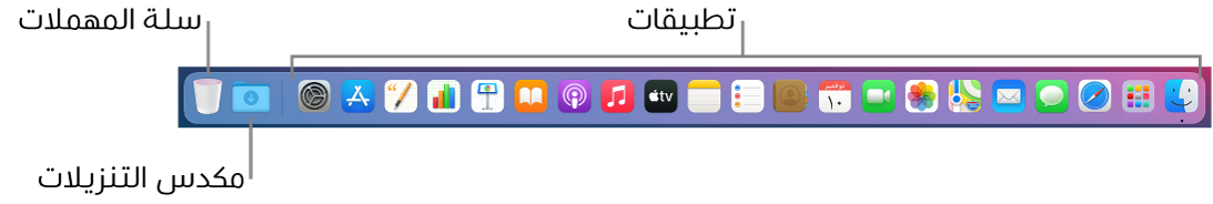 يُظهر Dock أيقونات التطبيقات، ومكدس التنزيلات، وسلة المهملات.