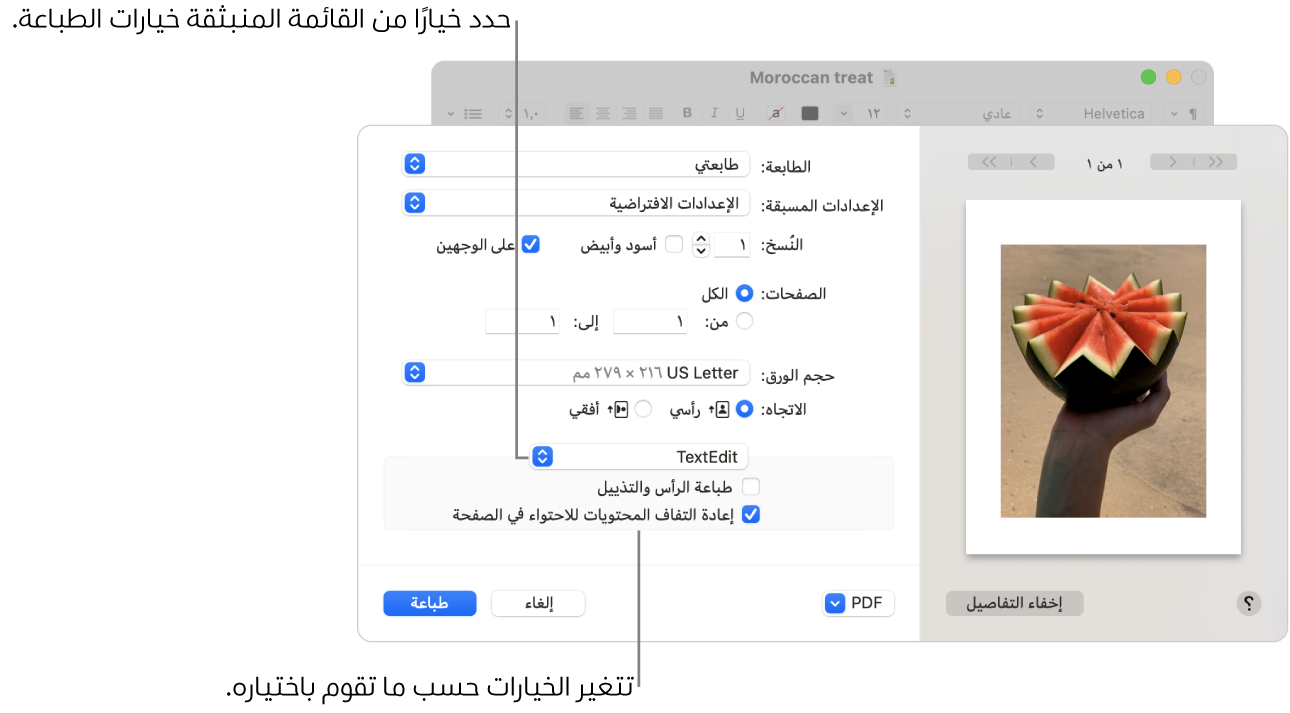 مربع الحوار طباعة يعرض إعدادات الطباعة المتقدمة، مع وجود القائمة المنبثقة لخيارات الطباعة بالقرب من منتصف مربع الحوار. تتغير خيارات الطباعة أسفل القائمة المنبثقة وفق الخيار الذي تحدده.