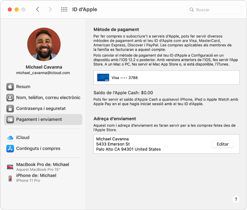 Les preferències de l’ID d’Apple, que mostren una barra lateral amb diversos tipus d’opcions de compte que pots utilitzar i el tauler de preferències “Pagament i enviament” d’un compte existent.