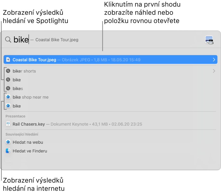 Okno Spotlightu, v němž je nahoře pole hledání s hledaným textem a pod ním jsou vidět výsledky