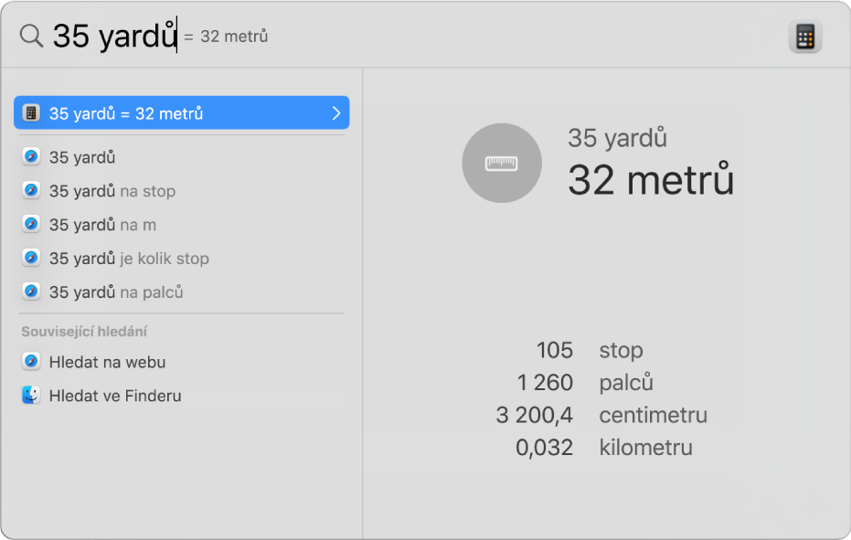 Okno Spotlightu s polem hledání, které obsahuje převod yardů na metry. Vlevo je seznam výsledků hledání. V náhledu napravo jsou vidět převody dalších jednotek.