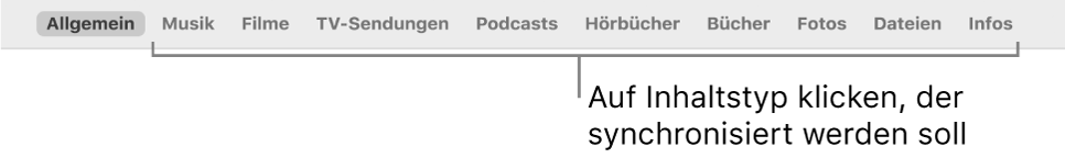 Die Symbolleiste mit der Taste „Allgemein“ und den Tasten für Inhalte wie Musik, Filme, TV-Sendungen usw.