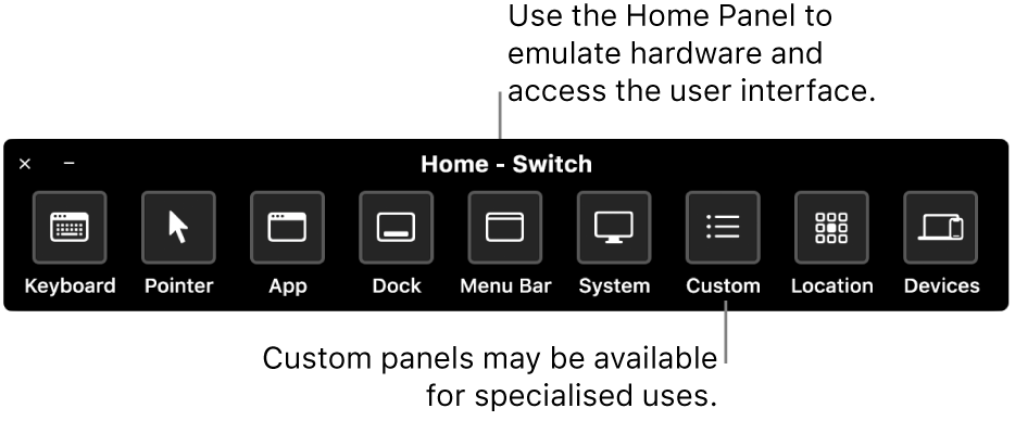 The Switch Control Home Panel provides buttons to control, from left to right, the keyboard, pointer, app, Dock, menu bar, system controls, custom panels, screen location and other devices.