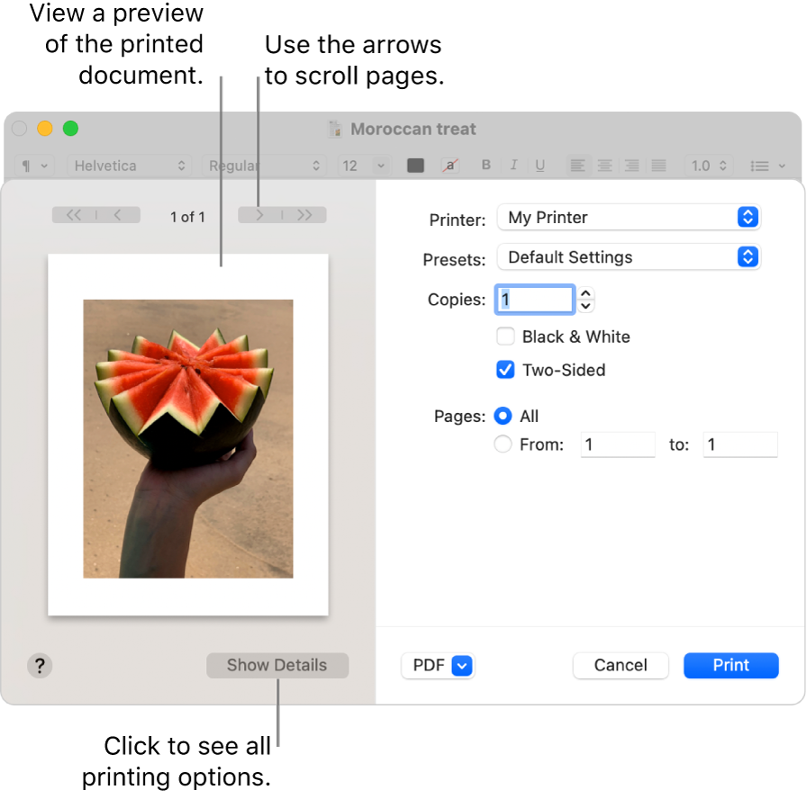 The Print dialog shows a preview of your print job. Click the Show Details button to see all print options.