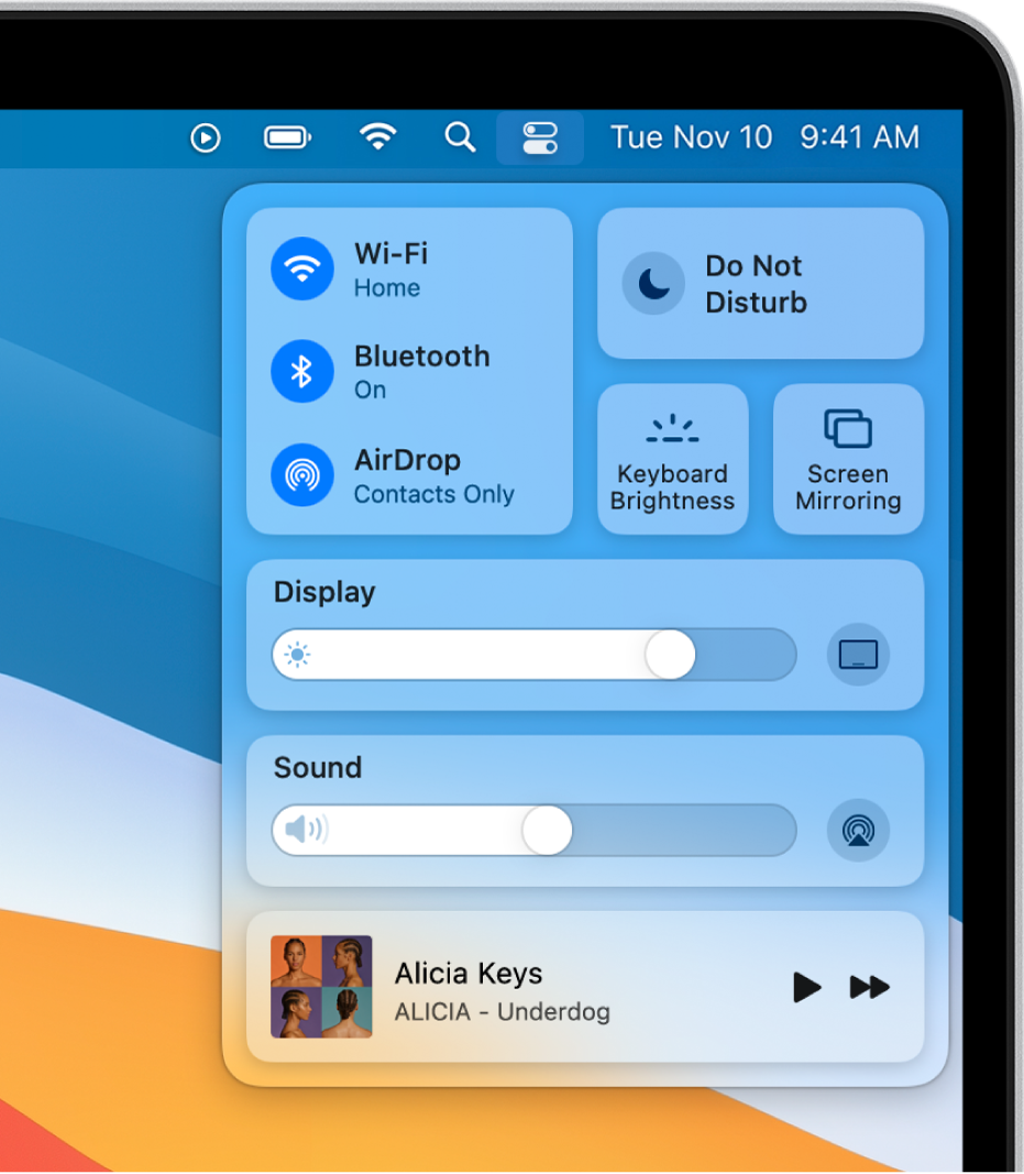 Control Center in the top-right portion of the Mac screen, showing controls for Wi-Fi, Do Not Disturb, Sound, and Now Playing, among others.