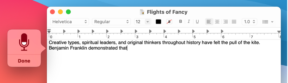 The feedback window alongside dictated text in a TextEdit document.