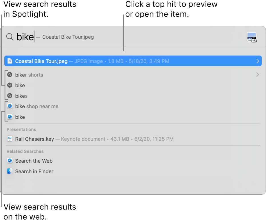 The Spotlight window showing search text in the search field at the top of the window and results below.