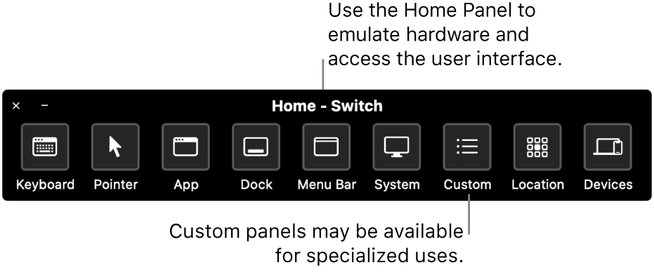 The Switch Control Home Panel provides buttons to control, from left to right, the keyboard, pointer, app, Dock, menu bar, system controls, custom panels, screen location, and other devices.