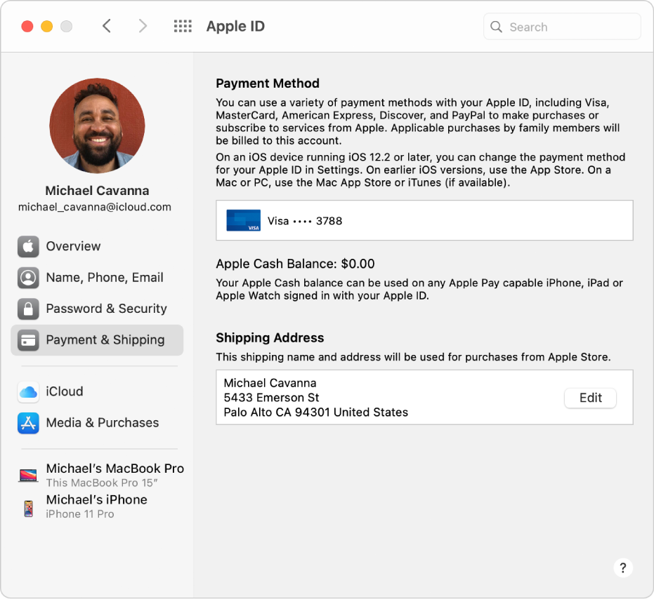 Apple ID preferences showing a sidebar of different types of account options you can use and the Payment & Shipping preferences for an existing account.