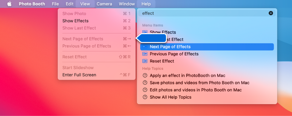 The Photo Booth Help menu with a search result for a menu item selected and an arrow pointing to the item in the app menus.