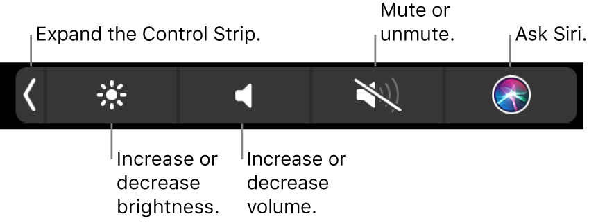 The collapsed Control Strip includes buttons—from left to right—to expand the Control Strip, increase or decrease display brightness and volume, mute or unmute, and ask Siri.