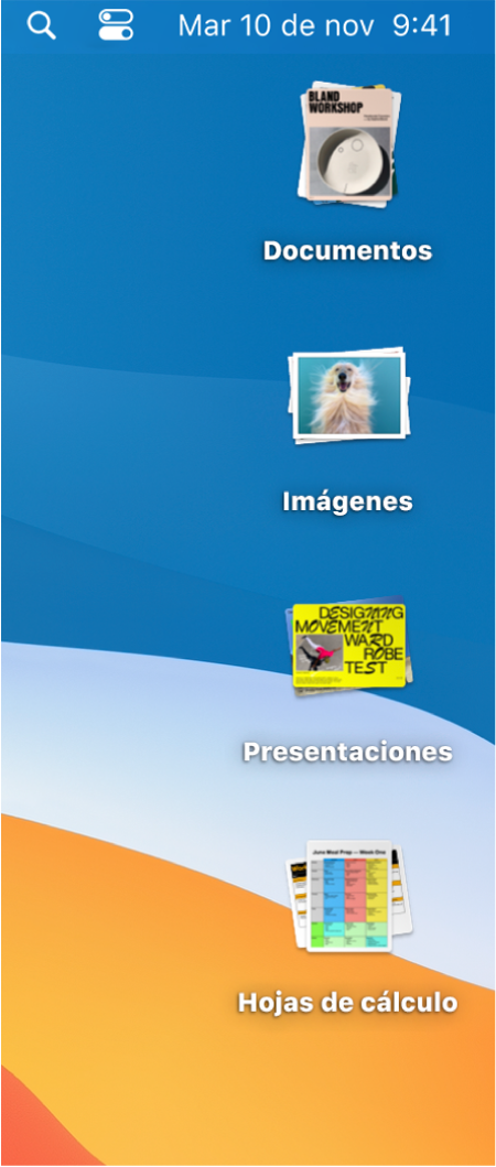 Un escritorio de Mac con cuatro pilas (para documentos, imágenes, presentaciones y hojas de cálculo), en el borde derecho de la pantalla.