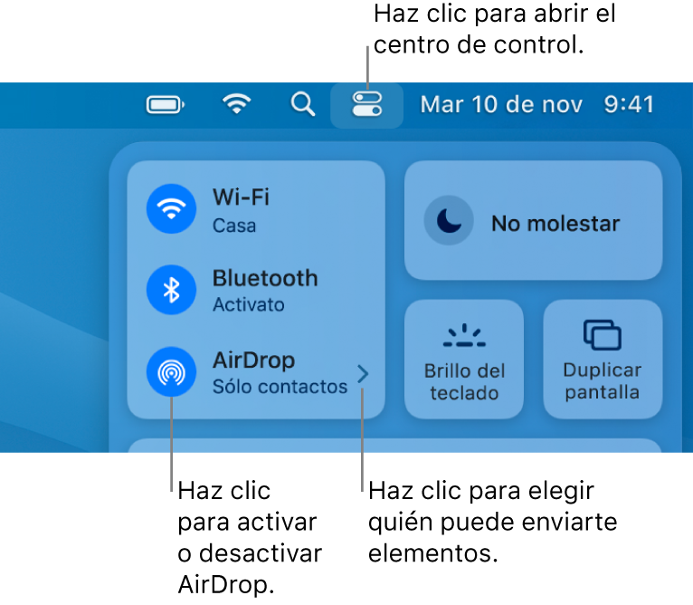 Una ventana del Centro de control que muestra los controles para activar y desactivar AirDrop y elegir quién puede enviarte elementos.