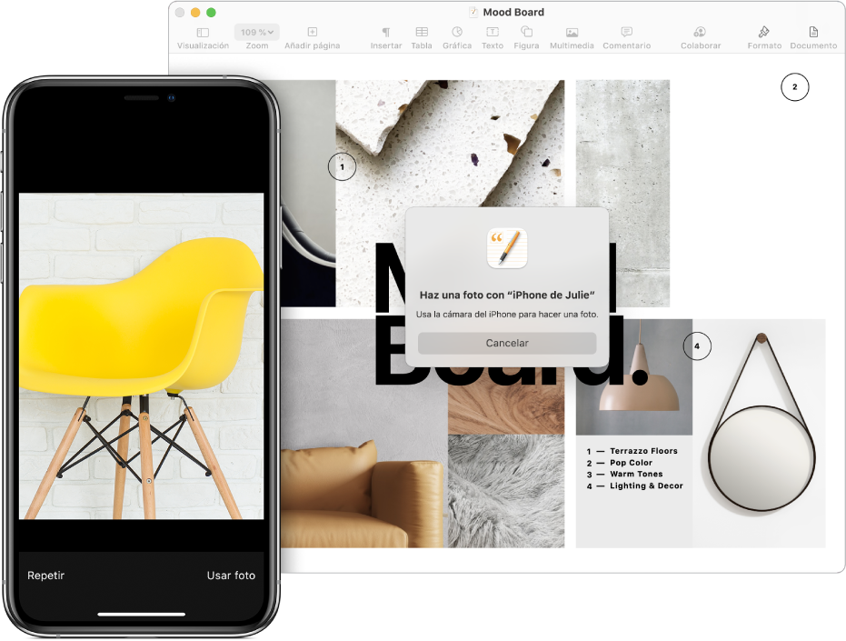 Una foto en un iPhone y la misma foto insertada en un documento en un Mac.
