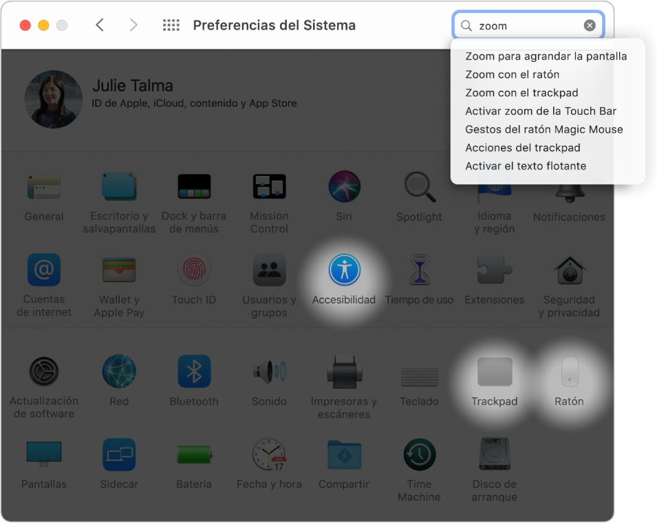 La ventana de Preferencias del Sistema que muestra “zoom” en el campo de búsqueda, una lista de resultados de búsqueda coincidentes bajo el campo de búsqueda y tres iconos de preferencias resaltados.