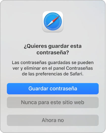 Un cuadro de diálogo de Safari preguntando si quieres guardar la contraseña de un sitio web.