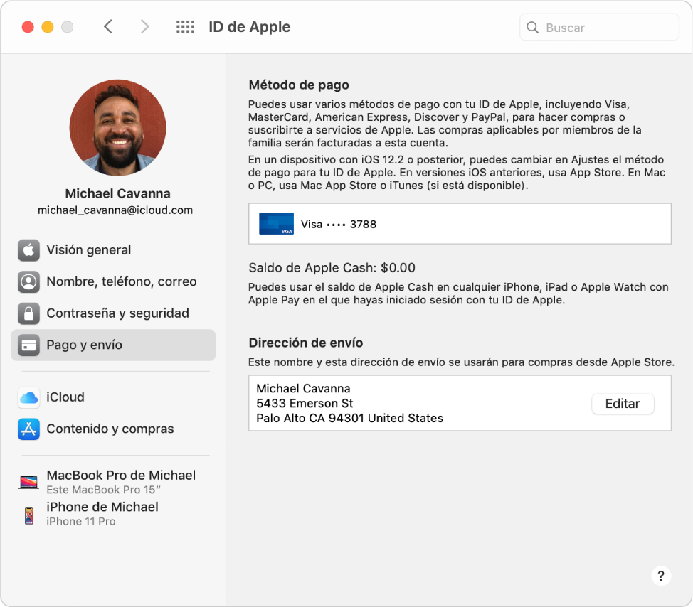 Preferencias del ID de Apple con una barra lateral que incluye distintos tipos de opciones de cuenta que puedes usar y las preferencias de “Pago y envío” de una cuenta existente.