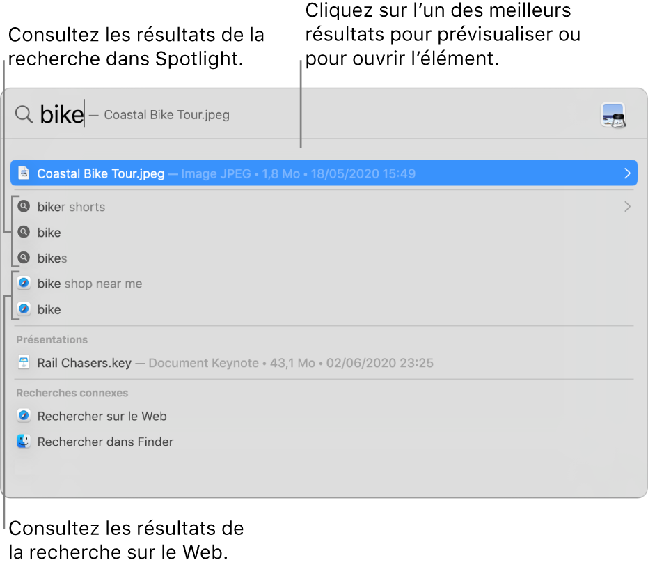 Fenêtre de Spotlight affichant une recherche dans le champ de recherche en haut de la fenêtre et les résultats en dessous.