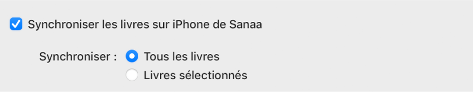 La case « Synchroniser les livres sur l’appareil » s’affiche avec le bouton « Tous les livres » sélectionné et le bouton « Livres sélectionnés » désélectionné.