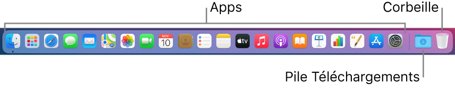Le Dock affichant les icônes d’apps, la pile Téléchargements et la corbeille.