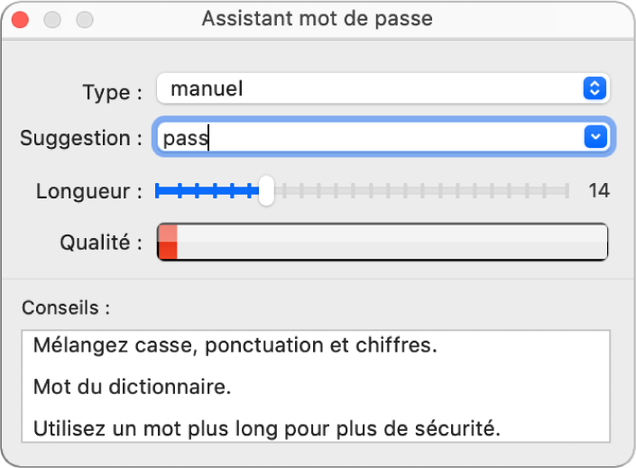 La fenêtre Assistant mot de passe présente les différentes options de création d’un mot de passe.