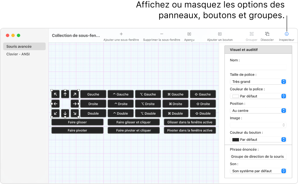 Une fenêtre de collection de sous-fenêtres présentant le bouton Inspecteur à l’extrémité droite de la barre d’outils pour définir des options pour les sous-fenêtres, les boutons et les groupes.