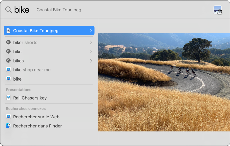 Fenêtre de Spotlight affichant une recherche dans le champ de recherche en haut de la fenêtre, les résultats dans le coin inférieur gauche, ainsi que l’aperçu de l’un des meilleurs résultats à droite.