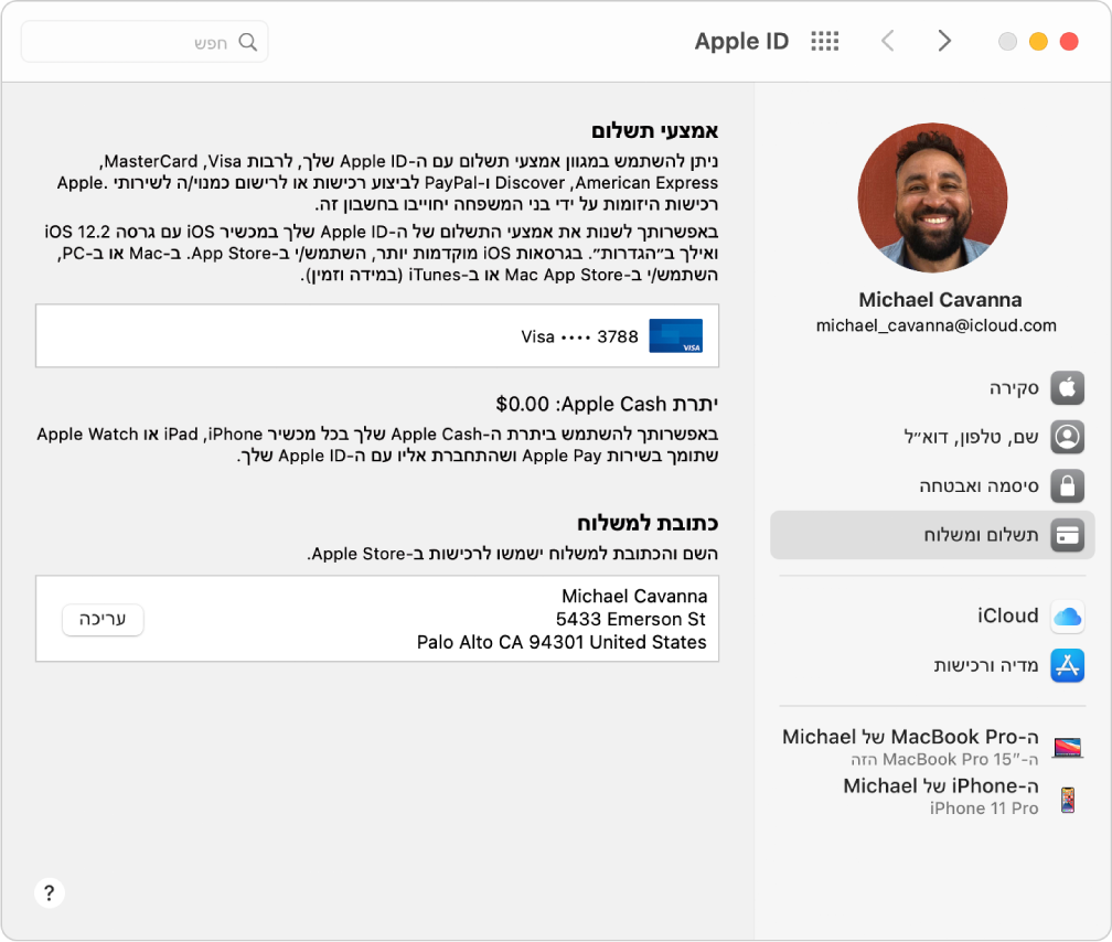 העדפות Apple ID עם סרגל צד המציג את הסוגים השונים של אפשרויות חשבון זמינות לשימוש ואת העדפות “תשלום ומשלוח” של חשבון קיים.