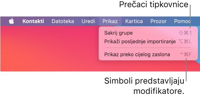 Aplikacija Safari s istaknutim prečacima tipkovnice na izborniku aplikacije Datoteka