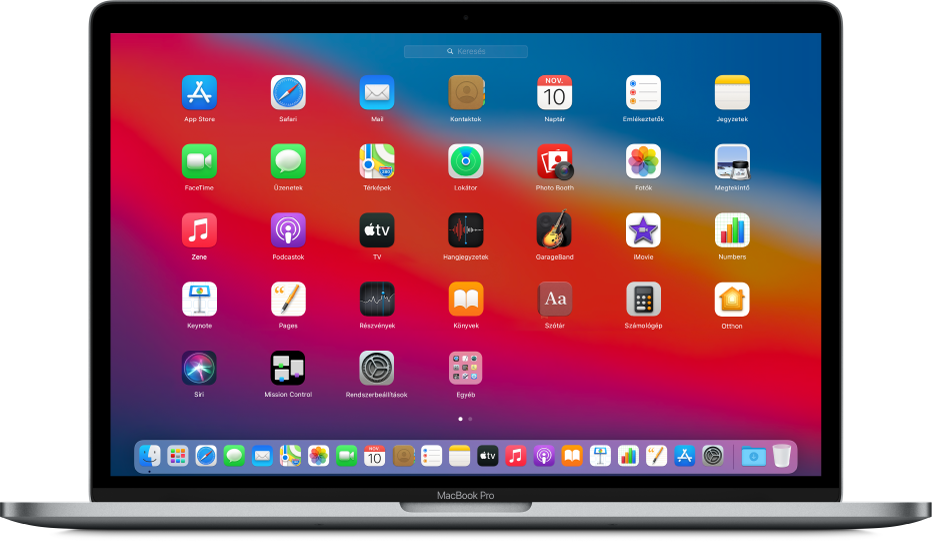 A Launchpad alkalmazásikonokat jelenít meg rácsos elrendezésben a Mac gép képernyőjén.