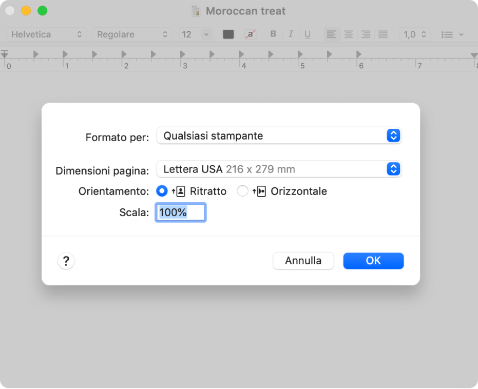 Le opzioni di stampa di default, che mostrano il menu a comparsa delle opzioni di stampa e l'opzione Scala con una casella percentuale per specificare la scala desiderata per la stampa.