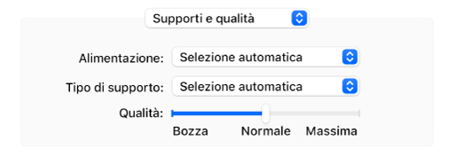 L'opzione “Supporti e qualità”, che mostra i menu a comparsa Alimentazione e “Tipo di supporto” e un cursore Qualità.