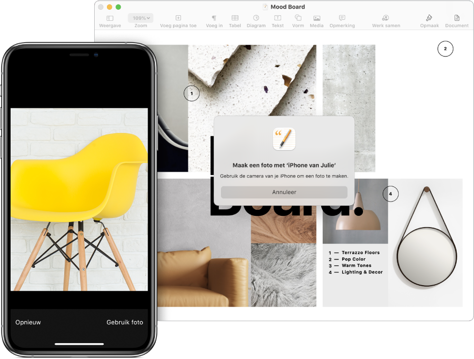 Een foto op een iPhone en dezelfde foto ingevoegd in een document op een Mac.