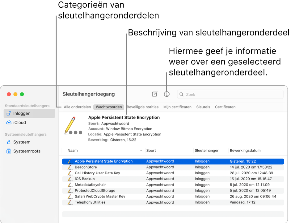 Het venster 'Sleutelhangertoegang' met sleutelhangers in de navigatiekolom. Rechts wordt een beschrijving van een geselecteerd inlogsleutelhangerwachtwoord weergegeven.