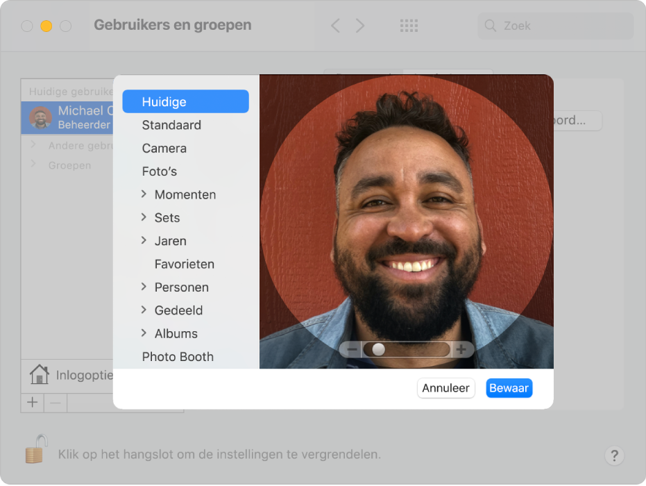 De opties voor het selecteren van een afbeelding voor de gebruikersaccount. Aan de linkerkant staat een lijst met mogelijke bronnen, waaronder 'Standaard', 'Camera' en 'Foto's'.