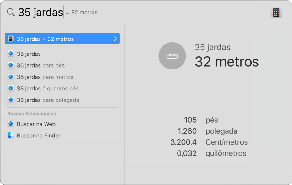 Janela do Spotlight mostrando uma conversão de jardas para metros no campo de busca. À esquerda está uma lista de resultados da busca. Outras conversões são mostradas na pré-visualização à direita.