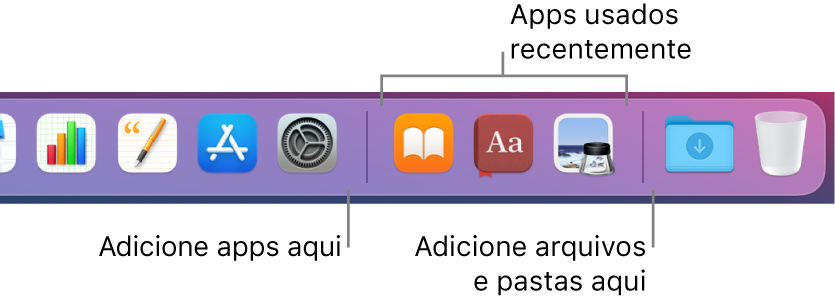 A extremidade direita do Dock mostrando as linhas de separação antes e depois da seção de apps usados recentemente.