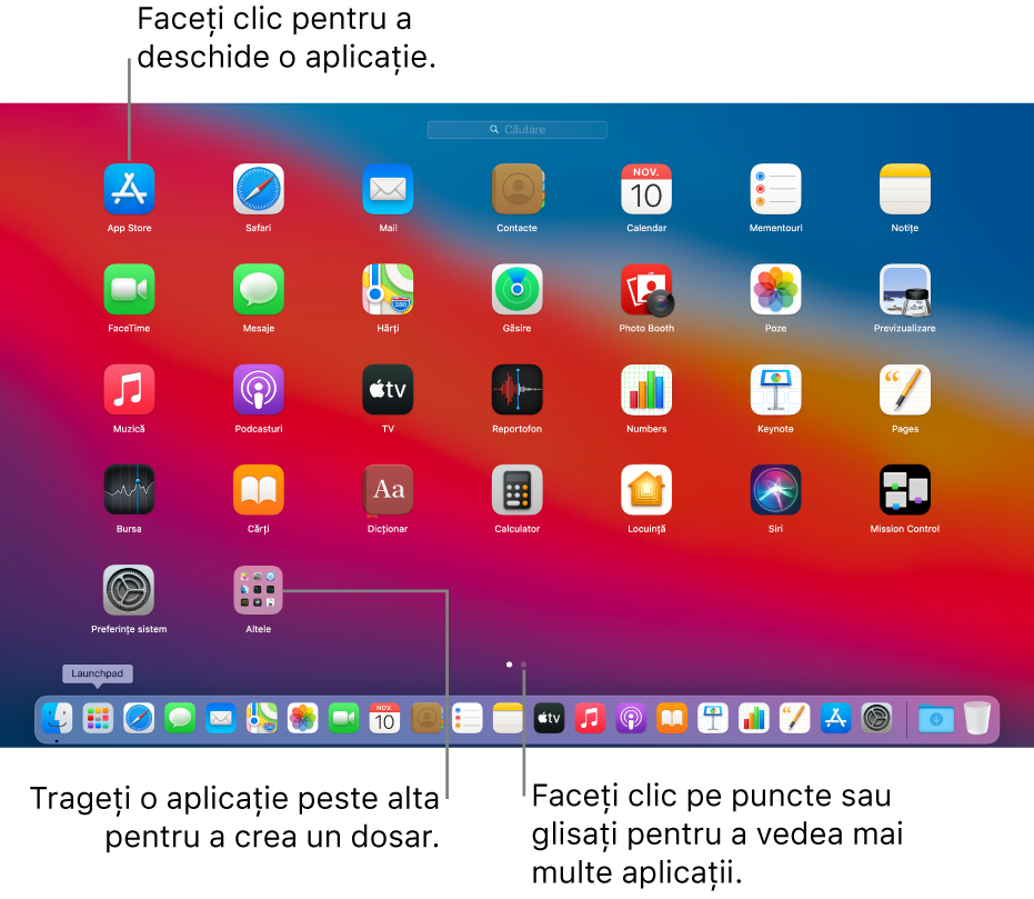 Launchpad afișând aplicațiile pe care le puteți deschide.